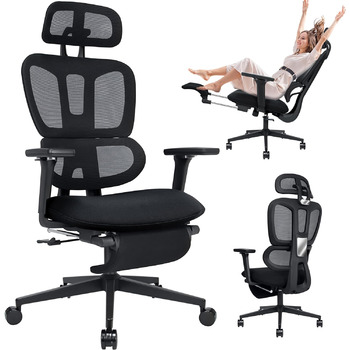 Ергономічне офісне крісло з підставкою для ніг, крісло для роботи з високою спинкою та подвійною спинкою, 2D-підголівник, відкидні підлокітники, губчасте сидіння, сітчасте крісло, крісло керівника, комп&39ютерне крісло для дорослих, чорне