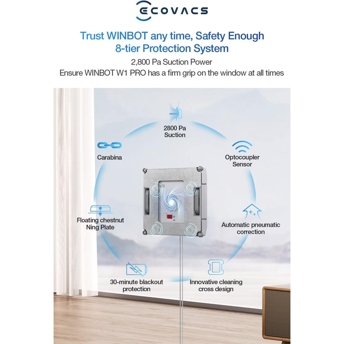 Робот для миття вікон ECOVACS WINBOT W1 PRO, інтелектуальне миття вікон з WIN SLAM 3.0, технологія перехресного розпилення, планув