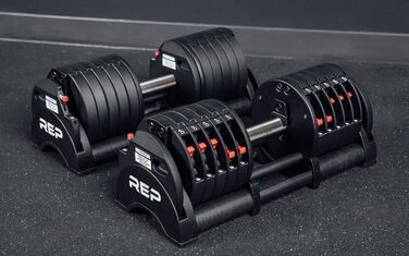 Регульовані гантелі Rep Fitness Quickdraw, доступні в кількох діапазонах ваги, включаючи 5-30, 5-40, 5-50 та 2,3-27,2 кг, 2,3 - 18 кг