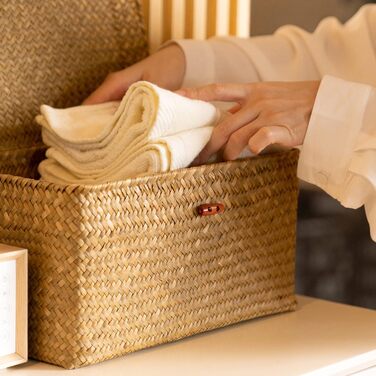 Кошик для зберігання з ротанга та морської трави, натуральний плетений кошик з кришкою, прямокутна плетена коробка для зберігання, комплект з 4 шт.