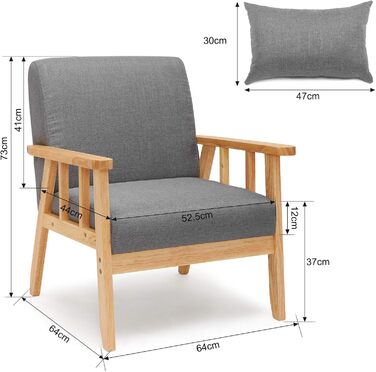 Крісло Mondeer з льону, каркас з масиву дерева, ретро-стиль з подушками для спальні, вітальні, балкону, офісу, темно-сіре, 64 Г x 64 Ш x 73 В см, 1 місце, темно-сіре