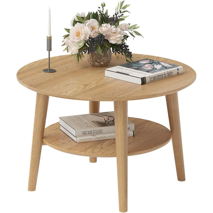Круглий журнальний столик Skølm Mjlnir Ø70 см стіл для вітальні з масиву дуба диванний столик з 2 полицями невеликий журнальний столик, натуральне промаслене покриття дерев&39яний стіл для вітальні з місцем для зберігання круглий журнальний столик з натур