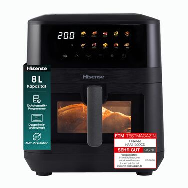 Аерофритюрниця Hisense HAF2100DCD, 2100 Вт, 7.7 л, 10 програм, антипригарне покриття, функція відкладеного старту, чорна
