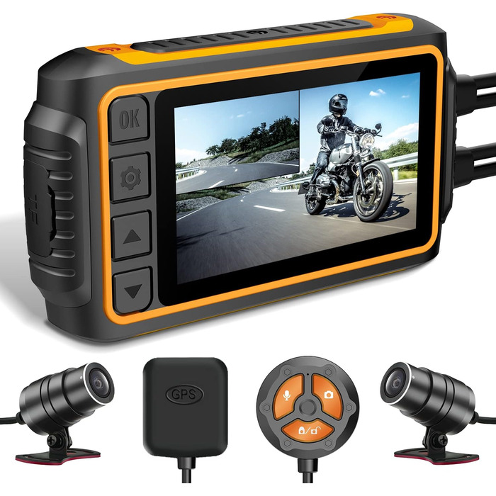 Відеореєстратор для мотоцикла, 1080P відеореєстратор з подвійною камерою, водонепроникною спереду і ззаду з 3 РК-дисплеєм, WiFi, G