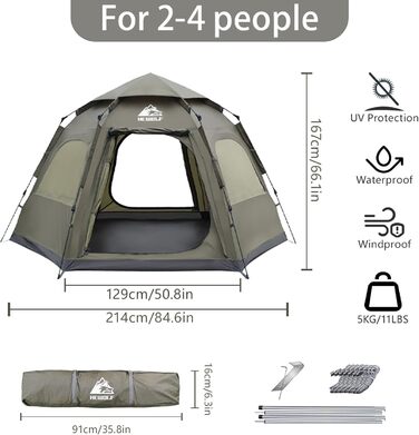 Намет кемпінговий шестикутний 4-місний HEWOLF Dome – 3-сезонний, водостійкий 4500 мм, UV захист, зелений