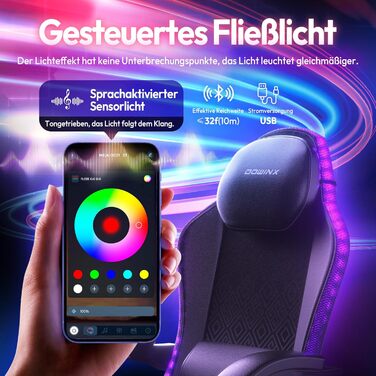 Ігрове крісло Dowinx з RGB-підсвічуванням, світлодіодне ігрове крісло з підставкою для ніг для дорослих, ергономічне ігрове крісло з масажною поперековою опорою, крісло для відеоігор зі штучної шкіри чорного кольору