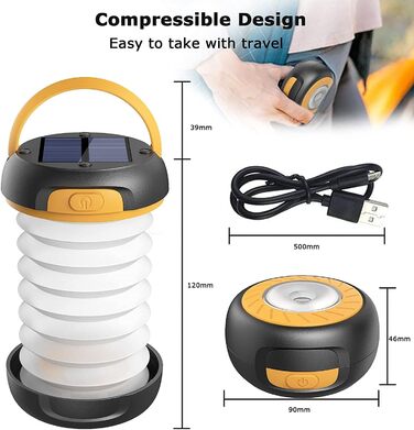 Світлодіодний ліхтар для кемпінгу, складаний сонячний кемпінговий ліхтар, портативний зарядний пристрій з 2 способами зарядки (сонячний/USB) та 3 режимами освітлення для кемпінгу, риболовлі та надзвичайних ситуацій - включає браслет для виживання зі свист