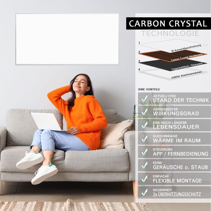 Інфрачервоний обігрівач з термостатом Дистанційне керування та керування за допомогою застосунку BLANK 580 Вт (90,5 x 60,5 см) Інфрачервоний радіатор, електричний обігрівач, настінний обігрівач, електричне опалення, інфрачервона нагрівальна панель 580 Вт 