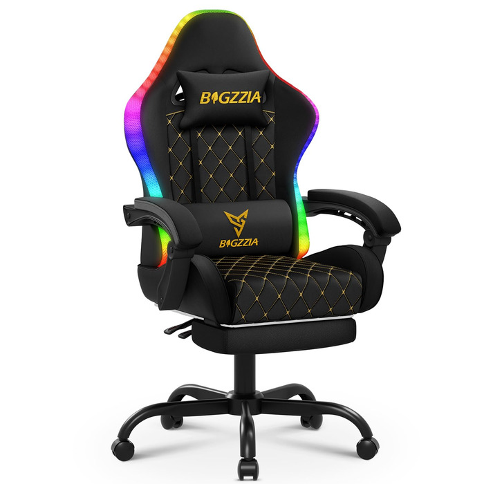 Ігрове крісло RGB LED, ергономічне ігрове крісло з підніжкою/підголівником/поперековою опорою, нахил 90-135 регулювання висоти поворот 360, ПК крісло для підлітків та дорослих (чорне) Чорний колір зі світлодіодним підсвічуванням