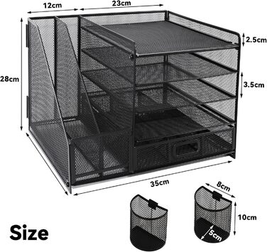 Сітчастий настільний органайзер з вертикальним тримачем для файлів, 5-ярусним лотком для паперу з висувною шухлядою та 2 тримачами для ручок, настільний органайзер з тримачем для журналів для офісного приладдя Black1