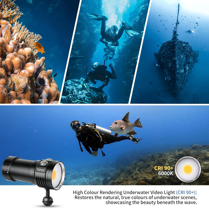 Підводний відеоліхтар L12 7500 люменів - Професійний відеоліхтар для дайвінгу з CRI 90, білим світлом 6000K, акумуляторний USB-C, для дайвінгу/підводної фотозйомки (водонепроникність IP68, глибина занурення 100 м) Знімний акумулятор (заряджання через USB-