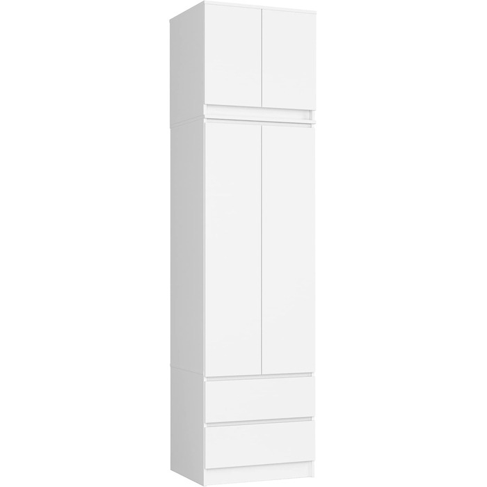 Шафа BDW з надставкою, 4-дверна шафа, 2 шухляди - Шафа для зберігання - Сучасна шафа для спальні, вітальні, коридору, 234x60x51 см - Біла