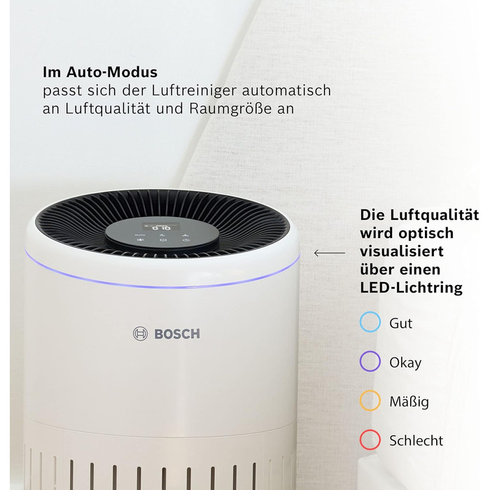 Очищувач повітря Bosch Air 4000 для площі до 62,5 м ефективно видаляє бруд завдяки фільтру HEPA, розумному датчику, тихому режиму - підходить для алергіків