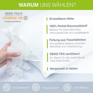 Дитяча подушка 40x60 см - Ергономічна дитяча подушка з регульованою висотою та волокнистими кульками - Бавовна перкаль преміум-кла