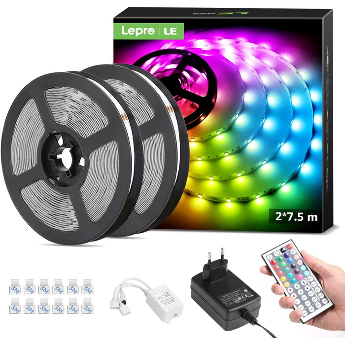 Світлодіодна стрічка Lepro RGB самоклеюча 5050 SMD, світлодіодна стрічка 24 В постійного струму, світлодіодна стрічка IP20, світлодіодна стрічка з регулюванням яскравості з блоком живлення Контролер дистанційного керування для дому, вечірки, кухні (15M)