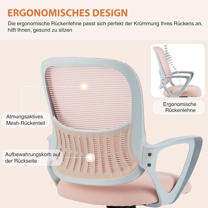 Ергономічне офісне крісло Sweetcrispy, стілець для роботи з поперековою опорою, регульована висота, офісне крісло з підлокітниками, підходить для офісу та спальні, сіро-рожеві фіксовані підлокітники