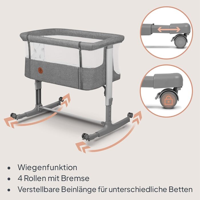 Дитяче ліжечко Lionelo Aurora 3-в-1 (до 9 кг), приліжкове ліжечко, колиска, регулювання висоти та нахилу матраца, 4 колеса з гальмами, ергономічний матрац, сумка для зберігання, сірий колір, великий розмір