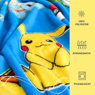 Флісова ковдра Pokmon 130x170 см Офіційно ліцензована, мяка та пухнаста Сертифікована Oeko-Tex, легка у догляді та довговічна Ідея подарунка для дітей та дорослих Pikachu & Friends