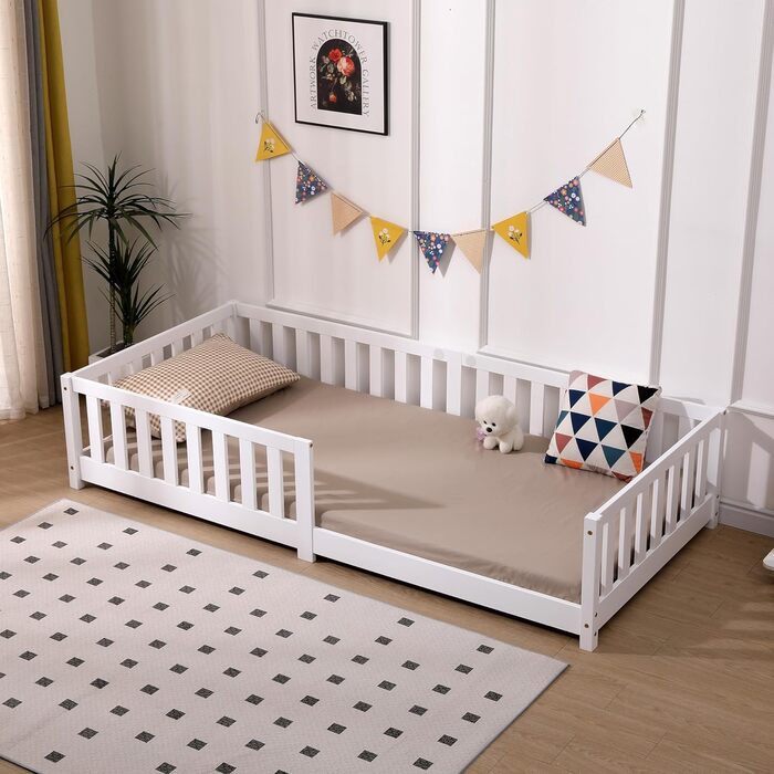 Дитяче ліжко ecomi 90x200 Ліжко на підлогу Дитяче ліжко із захистом від падіння та рейковою основою для дітей Дитячі ліжка для дівчаток та хлопчиків Масив сосни білого кольору 200 x 90 см Білий