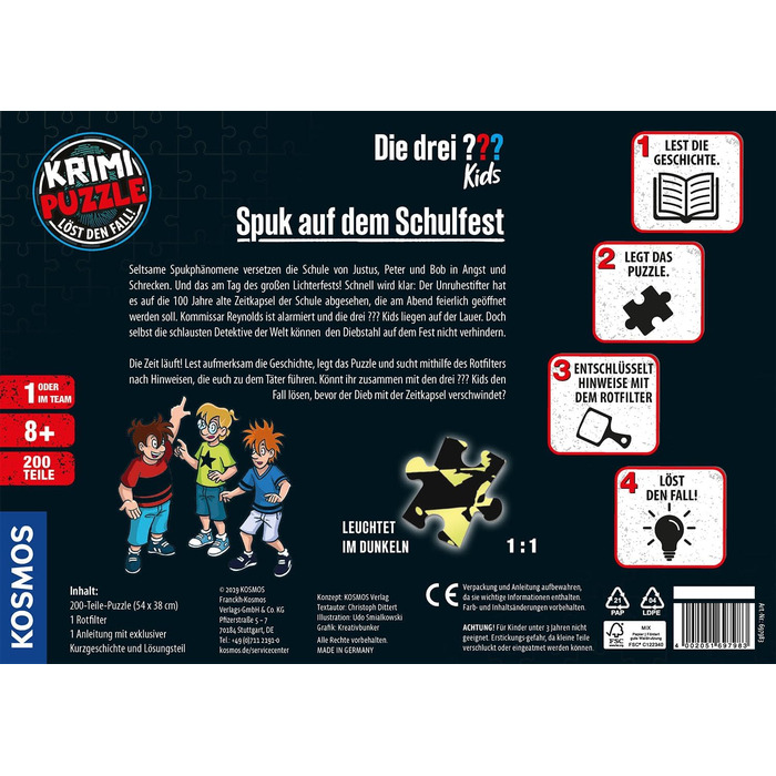 Три слідчі Kids - Crime Puzzle - Spooky School Party від KOSMOS 697983, світиться в темряві, 200 елементів, читання, пазли, розгад