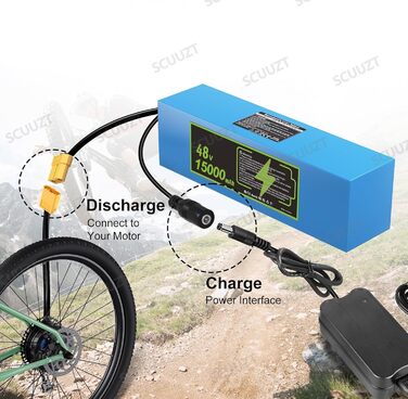 Акумулятор для електровелосипеда 48V 15Ah, велосипедні акумулятори 48V 15000mAh з вбудованим зарядним пристроєм, BMS, водонепроникний ПВХ акумулятор, велосипедні акумулятори 48V для двигунів 200W, 500W, 750W, 1000W, 48V 15Ah XT60DC