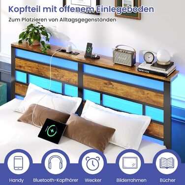 Ліжко 140x200 з металевою рейковою основою, двоспальний каркас ліжка 140x200 см зі світлодіодним освітленням та зарядною станцією (2 розетки змінного струму, 1 порт USB та 1 порт Type-C), металеве ліжко з узголів&39ям, чорно-коричневе, 140x200 см