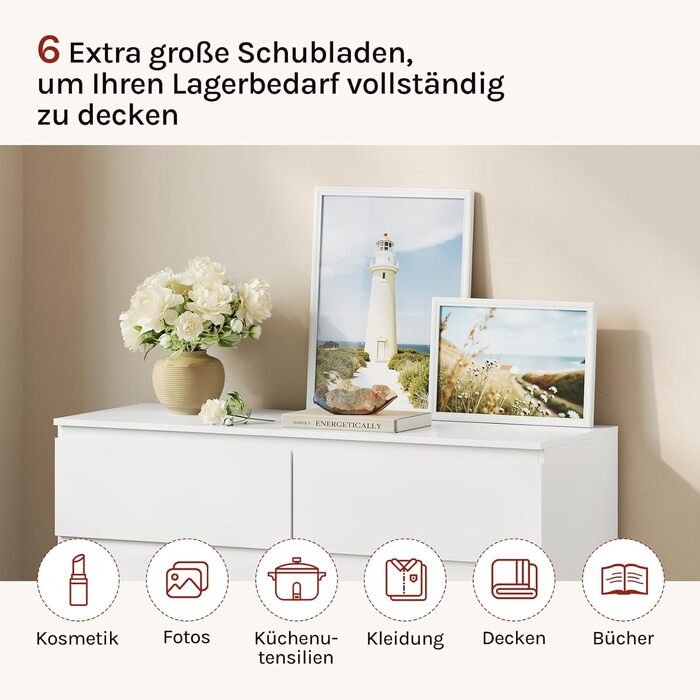 Комод WOLTU з 6 шухлядами, сучасний комод для вітальні, спальні або коридору, виготовлений з інженерної деревини, 100x69x36 см, білий, KMD007ws