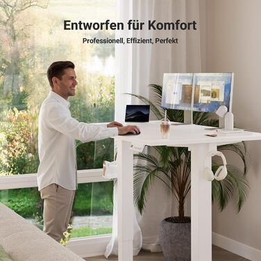 Стіл Claiks з регульованою висотою 120x60 см, стіл з електричним регулюванням висоти, стіл для роботи сидячи/стоячи з 2 гачками та 3 функціями пам&39яті, регульований комп&39ютерний стіл для роботи стоячи, стіл для роботи стоячи, білий 120 x 60 см