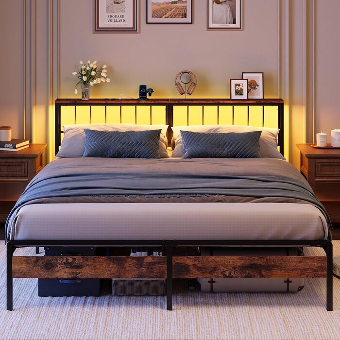 Каркас ліжка IRONCK 180x200, Ліжко зі світлодіодним підсвічуванням та розетками, Місце для зберігання речей під ліжком, 2 розетки змінного струму, 1 порт USB та 1 порт Type-C, Двоспальне ліжко з металевою рейковою основою, 180x200 см