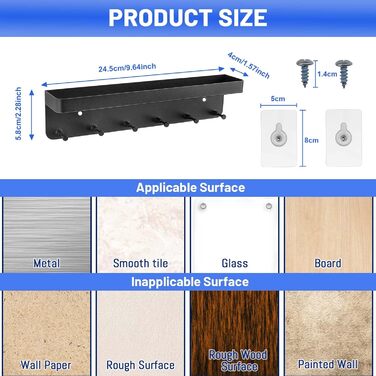 Тримач для ключів Royouzi, дошка для ключів, планка для ключів, підставка для ключів з полицею і 6 гачками, самоклеюча як дошка дл