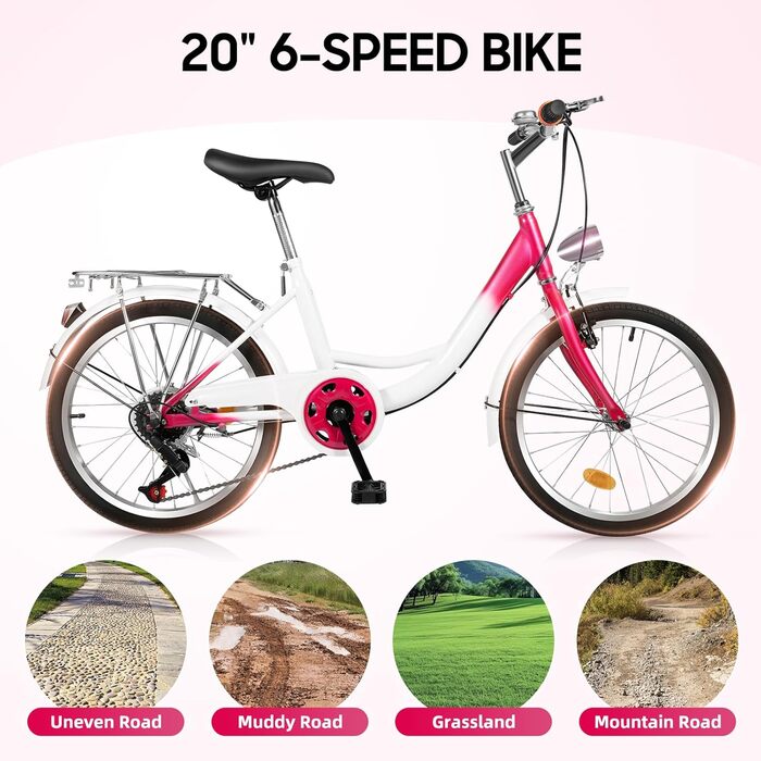 Дюймовий дитячий велосипед для дівчаток, 6-швидкісний дитячий велосипед з фарою та заднім кріпленням, регульована швидкість та висота, дитячий велосипед у голландському стилі, міський велосипед, 20-
