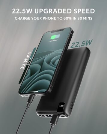 Зовнішній акумулятор ADDTOP Power Bank 26800 мАг, 22,5 Вт Power Bank USB C з PD 20W Power Delivery, портативний зарядний пристрій з 4 портами, сумісний зі смартфоном, планшетами та іншими чорними одиночними пакетами