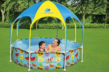 Басейн Bestway Steel Pro Frame з сонцезахисним дахом &quotSplash-in-Shade" без насоса Ø 244 x 51 см, кольоровий фруктовий дизайн, круглий