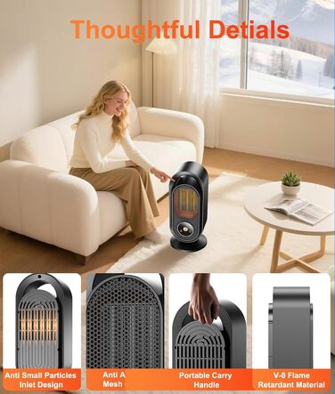 Електричний вентилятор-обігрівач, портативний кімнатний обігрівач, енергозберігаючий швидкий PTC-обігрівач потужністю 1500 Вт, керамічний вентилятор-обігрівач з термостатом, таймером та 3 режимами, захист від перегріву та перекидання для офісу та спальні