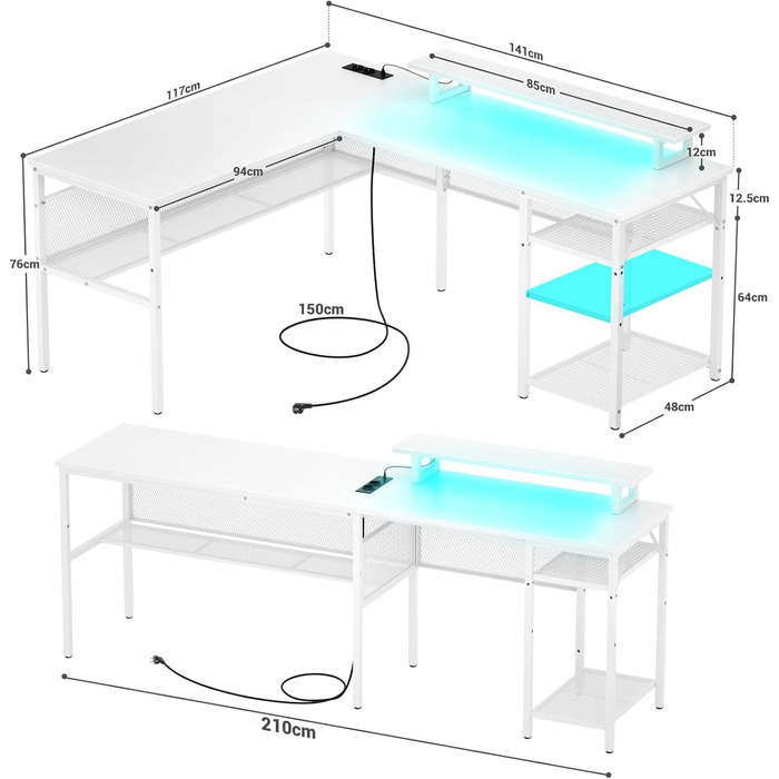 Г-подібний ігровий стіл, 14117x76 см, комп&39ютерний стіл з відділенням для зберігання речей, офісний стіл з двостороннім кутовим столом для навчання, ігровий, домашній офіс, білий