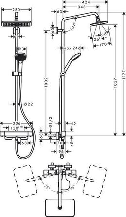Душова система hansgrohe Croma E з термостатом, тропічним душем (280 x 170 мм), ручною лійкою (3 режими), шлангом та квадратною головною лійкою (1 режим), хром, 27630000