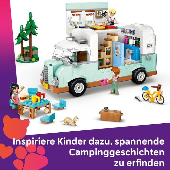 Кемпер LEGO Friends, набір для рольової гри з іграшковим караваном, подарунок для дівчаток віком від 7 років, креативний ігровий набір з 3 мініфігурками та фігуркою тварини-тхора 42663