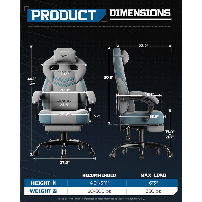 Тканина для ігрового крісла LUCKRACER, офісне крісло з підлокітниками, подушка з піни з ефектом пам&39яті, кут нахилу 90155 та підставка для ніг, міцна функціональна тканина, сірий колір