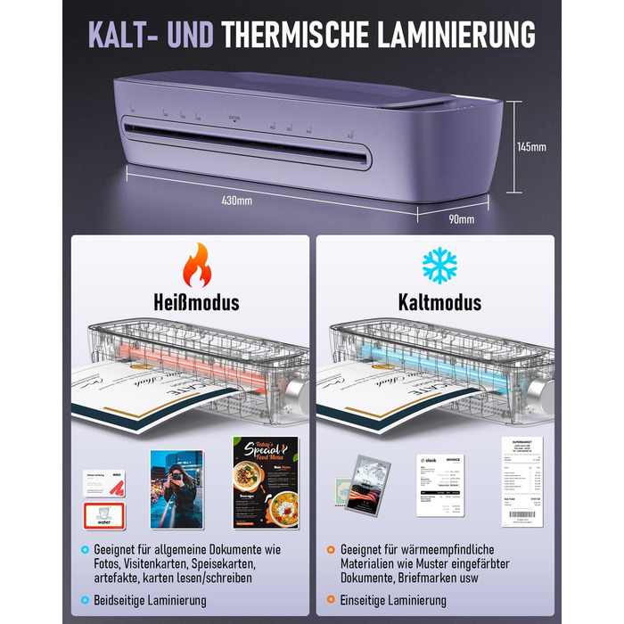 Ламінатор A3 з 30 ламінувальними пакетами, гарячий та холодний ламінатор для паперів A3, A4, A5 та A6, ламінатор 9-в-1 з різаком для паперу та закруглювачем кутів, ламінатор для школи, дому, офісу та файлів (фіолетовий)