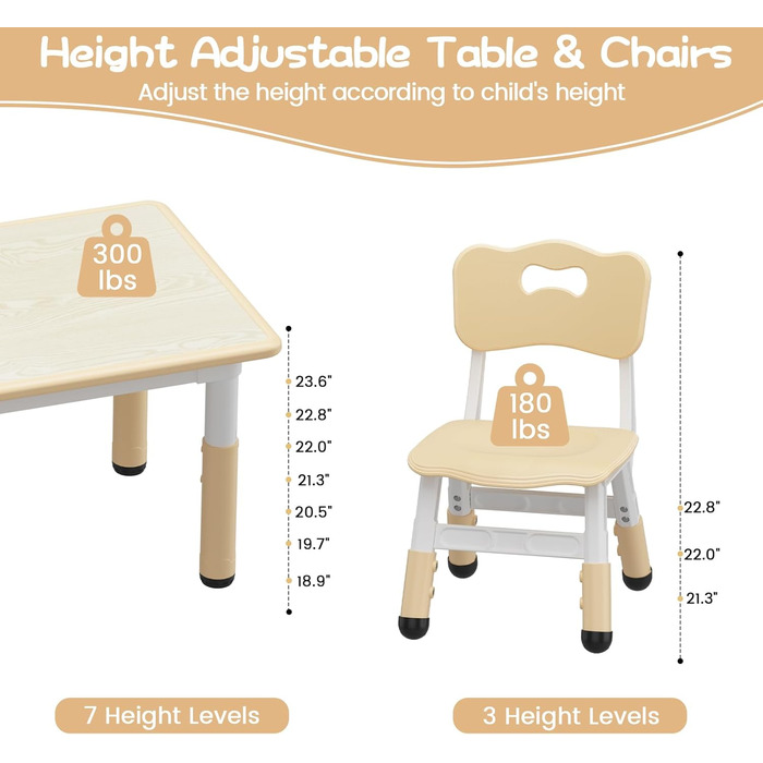 Дитячий стіл з 4 стільцями, серветками та дитячим стільцем для дитячого садка, регульований по висоті, з гравітаційною плитою та нековзною подушкою кольору дерева