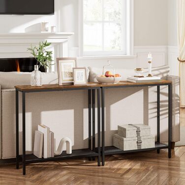 Вузький консольний столик HOOBRO з полицями, 75 x 24 x 75 см, бічний столик, столик для передпокою, вітринний столик, диван-столик, для входу, передпокою, вінтажний коричнево-чорний EBF74XG01 Вінтажний коричневий чорний