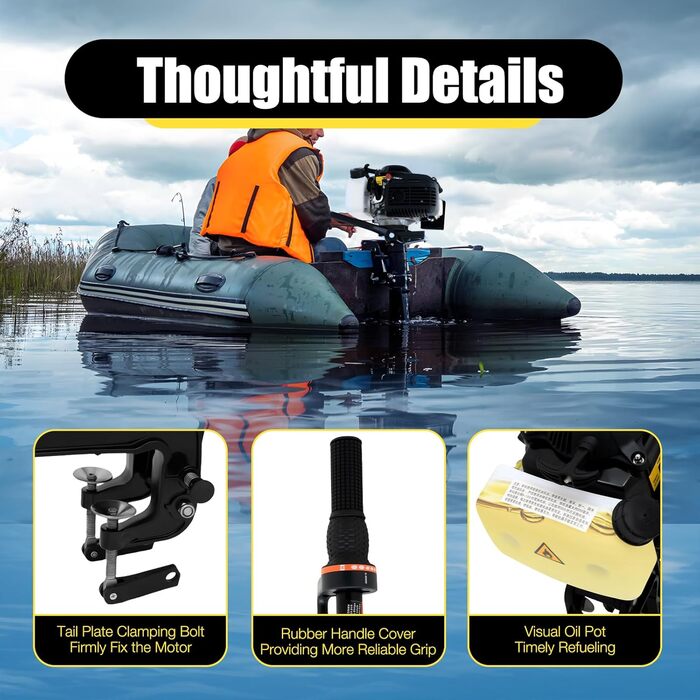 Тактний підвісний мотор 4 к.с. - бензиновий підвісний мотор об&39ємом 55 куб.см, потужністю 2,9 кВт, з системою CDI, системою повітряного охолодження та паливним баком об&39ємом 1,4 л для каяків, каное та шлюпок (4-тактний, 4 к.с.), 4-