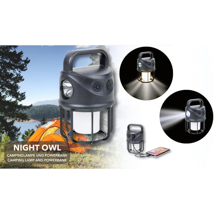 Ліхтарик для кемпінгу та зовнішній акумулятор TROIKA NIGHT OWL, що перезаряджається, з трьома різними режимами освітлення (регульована яскравість) та функцією миготіння холодний білий, теплий білий, ліхтарик, вхід 4000 мАг, вихід 5 В пластик