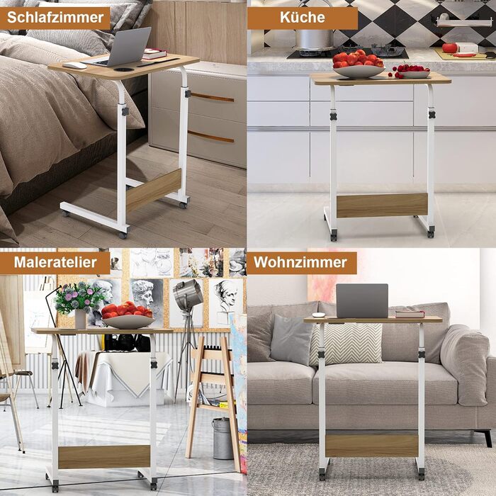 Стіл для ноутбука 60x40 см, стіл з регульованою висотою, комп&39ютерний стіл, мобільний стіл для ноутбука з поворотними колесами, слотом для карток та підставкою для чашок для спальні, офісу (колір дерева)