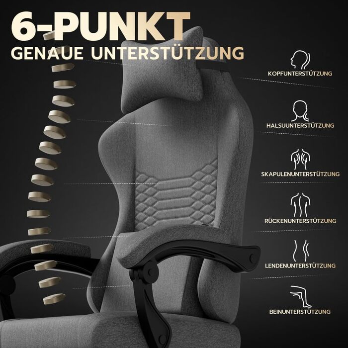 Ергономічне ігрове крісло з масажем, підголівником та регульованою підставкою для ніг - тканинний чохол, темно-сірий, регульовані підлокітники, витримує до 136 кг