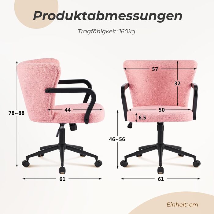 Крісло для офісу з регульованою висотою, ергономічне офісне крісло з високою спинкою та підлокітниками, обертове крісло з крилами спинки, крісло для туалетного столика, крісло для туалетного столика з колесами, рожева тканина шерпа
