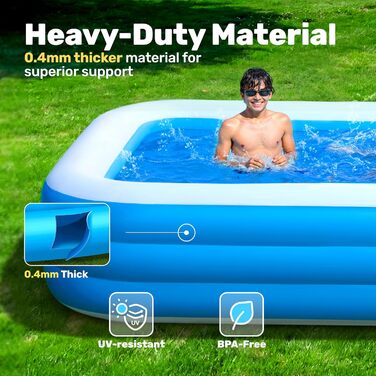 Надувний басейн Sloosh із сидіннями, 304,8 x 182,8 x 55,8 см, потовщений наземний басейн для сімей, ідеально підходить для літніх водних вечірок у саду, на патіо або газоні, синій