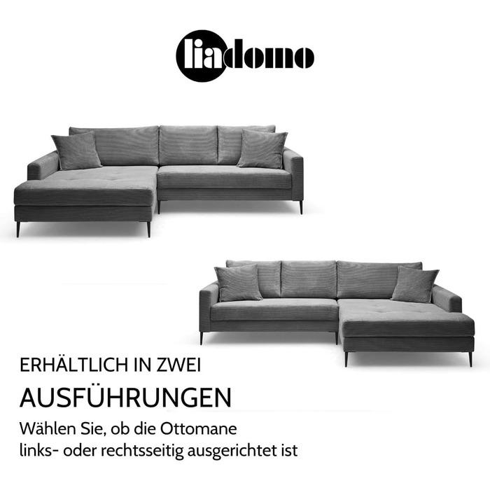Диван Hilary Graphite, сучасний кутовий диван, вельветова оббивка сірого кольору, шезлонг для правого боку, зручний диван, легко чиститься та має стабільні розміри, металеві ніжки, L-подібний диван, зроблено в Європі, шезлонг для правого боку, графіт
