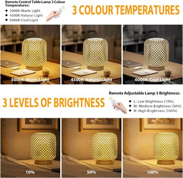 Настільна лампа Klighten з 2 предметів Ротанг з можливістю затемнення в інтер'єрі з натурального бамбука та дерева з акумуляторною