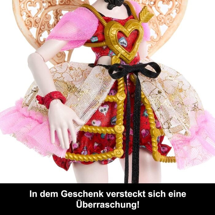 Лялька Monster High Scary Sweet Birthday, Купідон Астерія, у рожево-червоній святковій сукні з тематичними аксесуарами, такими як запрошення, повітряна кулька, подарунок тощо, JBG77 Рожевий/Червоний